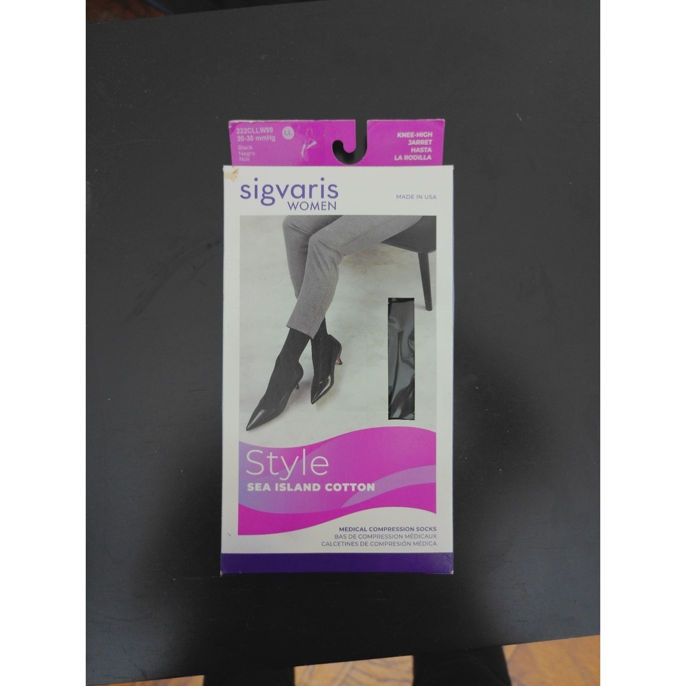 Sigvaris Women Knee High Compression Socks 20-30 mmHg Sea Island Cotton LL Black